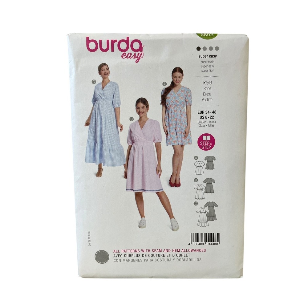 Burda Easy 5803 Dress Sewing Pattern Women Size 8-22 Uncut FF V-Neck Maxi Puff